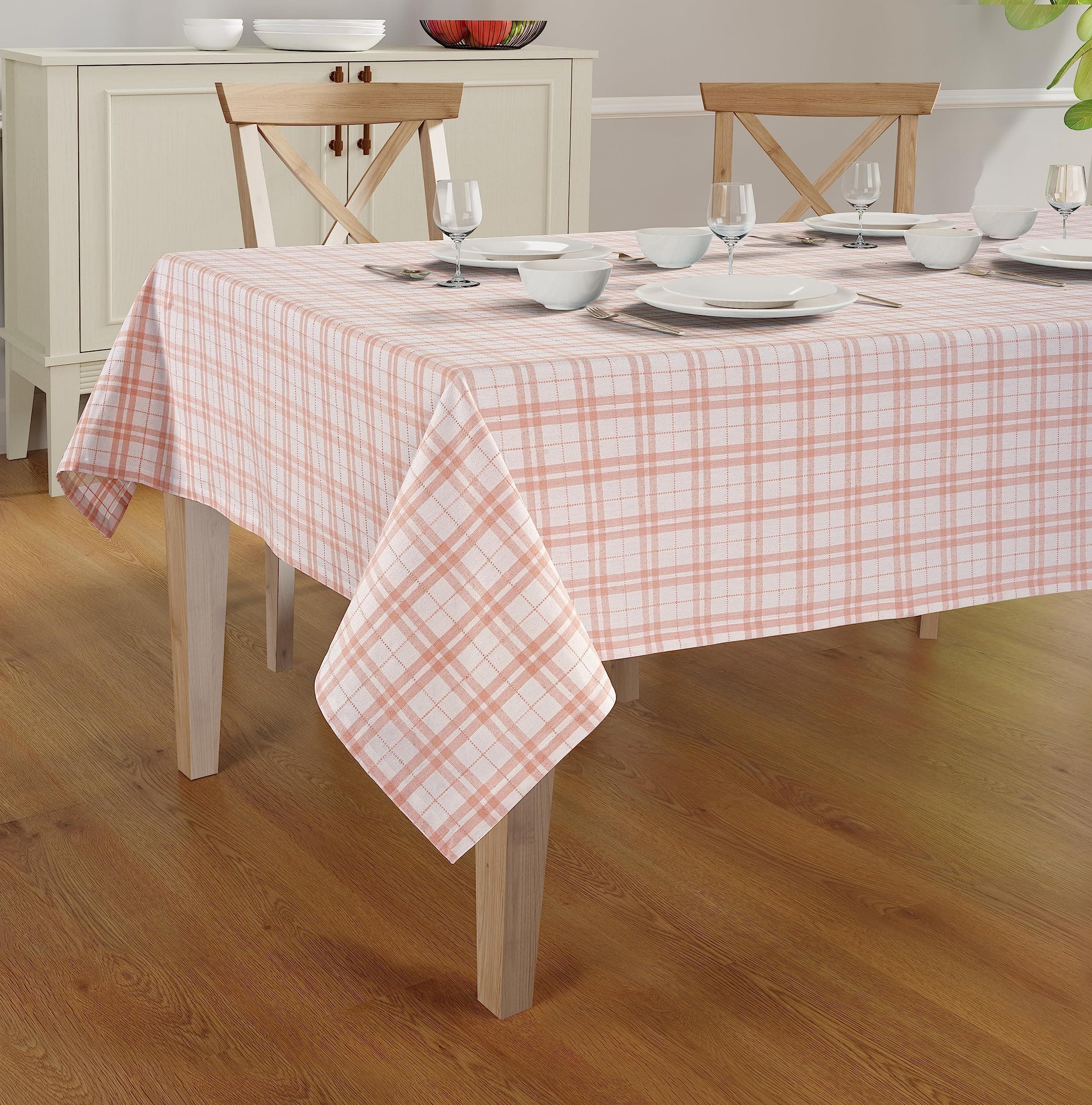 Dobby Check Tablecloth. Mitered Stitching 100% Ring Spun Cotton Tablecloth in Size (60x120 inches). Rectangle/Oblong Color - Rose